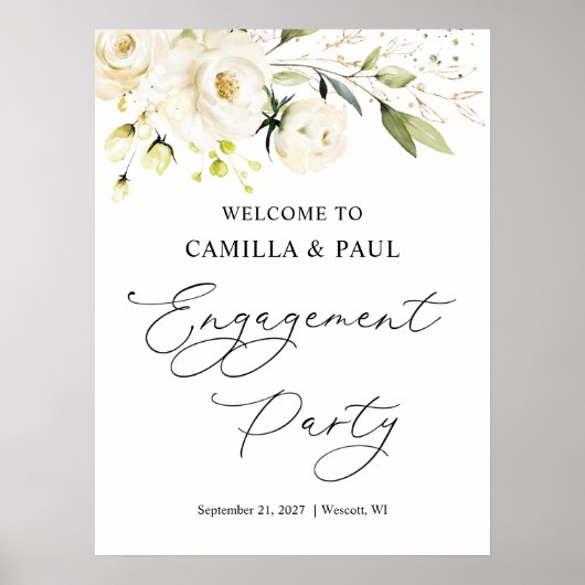 Witte rozen engagement party welkomstbord  poster (Voorkant)