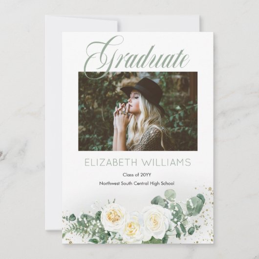 Witte rozen |Eucalyptus 4 Fotocollage Afstuderen Aankondiging (Voorkant)