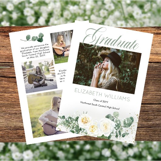 Witte rozen |Eucalyptus 4 Fotocollage Afstuderen Aankondiging