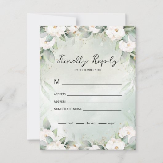 Witte rozen Eucalyptus bladeren RSVP Kaartje (Voorkant)