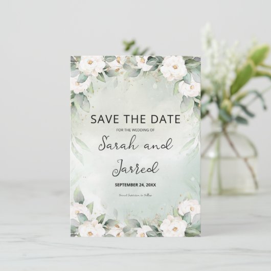 Witte rozen Eucalyptus bladeren Save The Date (Staand voorkant)