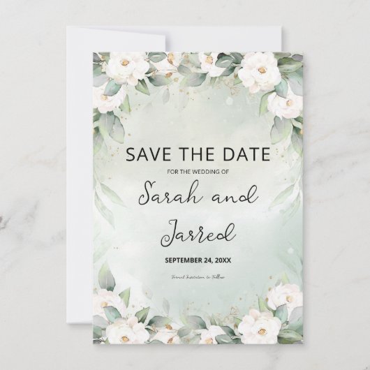 Witte rozen Eucalyptus bladeren Save The Date (Voorkant)