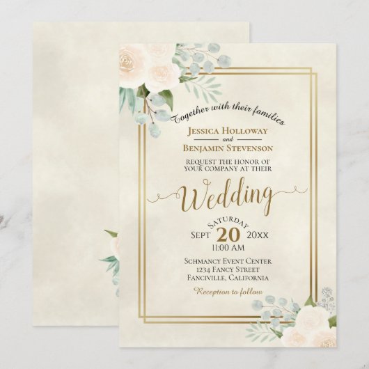 Witte Rozen & Eucalyptus Boho Waterverf Bruiloft Kaart (Voorkant / Achterkant)