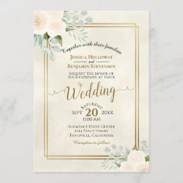 Witte Rozen & Eucalyptus Boho Waterverf Bruiloft Kaart