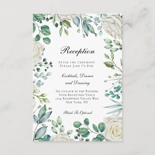 Witte rozen Eucalyptus Botanische bruiloft Informatiekaartje (Voorkant)