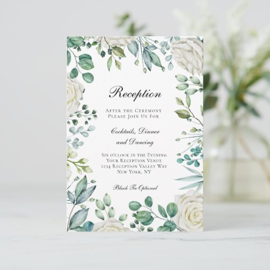 Witte rozen Eucalyptus Botanische bruiloft Informatiekaartje (Staand voorkant)