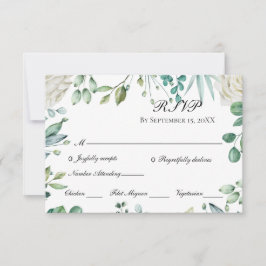 Witte rozen Eucalyptus Botanische bruiloft RSVP Kaartje