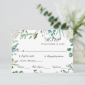 Witte rozen Eucalyptus Botanische bruiloft RSVP Kaartje (Staand voorkant)