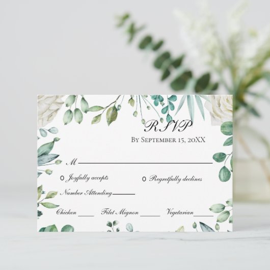 Witte rozen Eucalyptus Botanische bruiloft RSVP Kaartje (Staand voorkant)