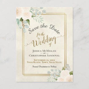 Witte Rozen & Eucalyptus Bruiloft Save the Date Aankondigingskaart