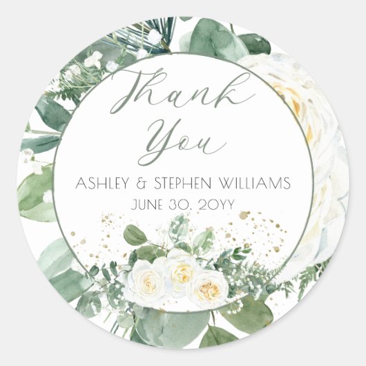 Witte rozen | Eucalyptus Floral Ronde Sticker (Voorkant)