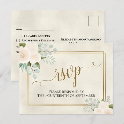 Witte Rozen & Eucalyptus Goud Bruiloft RSVP Briefkaart (Voorkant / Achterkant)
