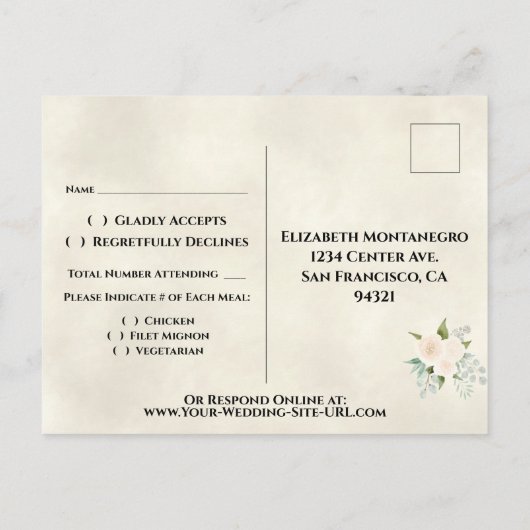 Witte Rozen & Eucalyptus Goud Bruiloft RSVP Briefkaart (Achterkant)