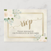 Witte Rozen & Eucalyptus Goud Bruiloft RSVP Briefkaart (Voorkant)
