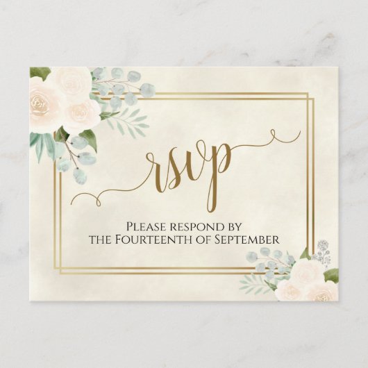 Witte Rozen & Eucalyptus Goud Bruiloft RSVP Briefkaart (Voorkant)