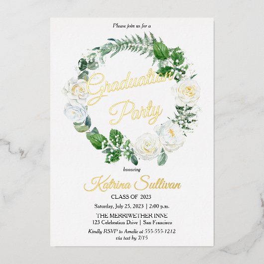 Witte rozen | Eucalyptus Greenery Afstuderen 2023 Folie Uitnodiging (Voorkant)