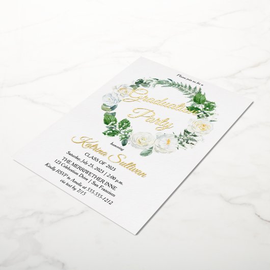 Witte rozen | Eucalyptus Greenery Afstuderen 2023 Folie Uitnodiging (Gedraaid)