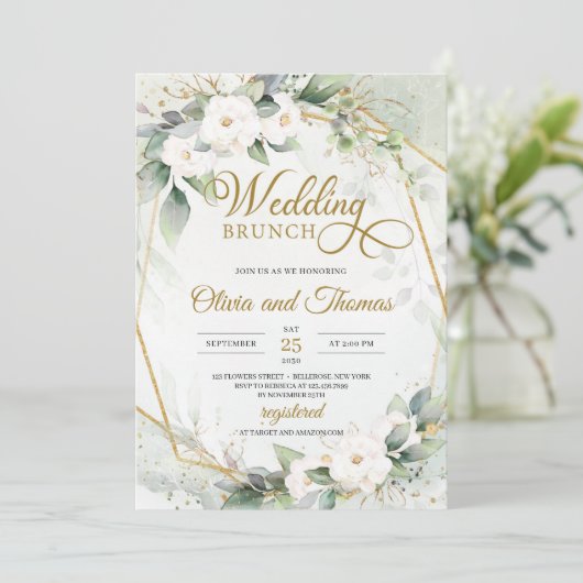 Witte rozen Eucalyptus greenery Gold lijst bruilof Kaart (Staand voorkant)