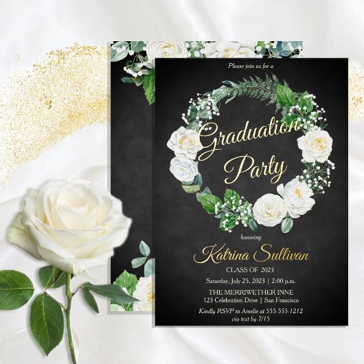 Witte rozen | Eucalyptus Greenery Graduy Party Folie Uitnodiging