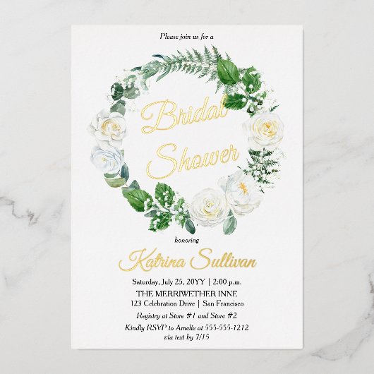 Witte rozen | Eucalyptus Greenery Vrijgezellenfees Folie Uitnodiging (Voorkant)