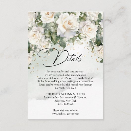  witte rozen eucalyptus groen en goud informatiekaartje (Voorkant)
