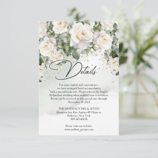 witte rozen eucalyptus groen en goud informatiekaartje (Staand voorkant)