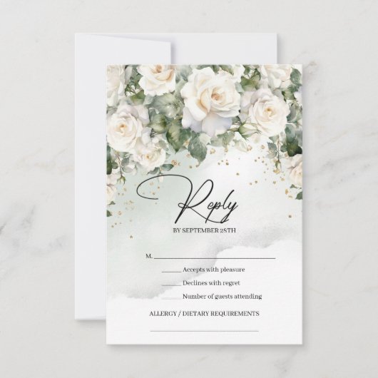  witte rozen eucalyptus groen en goud RSVP kaartje (Voorkant)