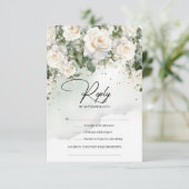  witte rozen eucalyptus groen en goud RSVP kaartje (Staand voorkant)