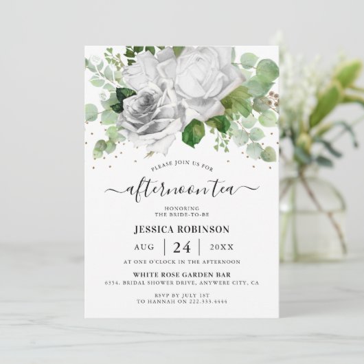 Witte Rozen & Eucalyptus Groen Middag Thee Kaart (Staand voorkant)