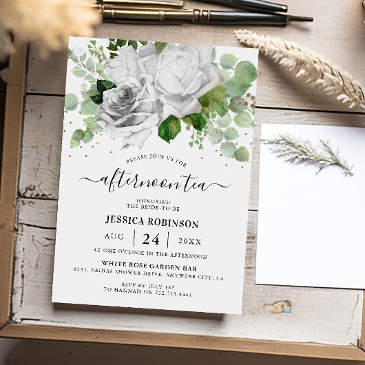 Witte rozen & Eucalyptus groen middagthee Kaart