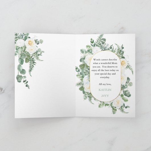 Witte rozen | Eucalyptus Happy Moederdag Kaart (Binnen)