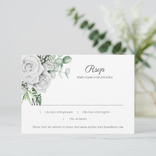 Witte rozen Eucalyptus Lattice RSVP (Staand voorkant)