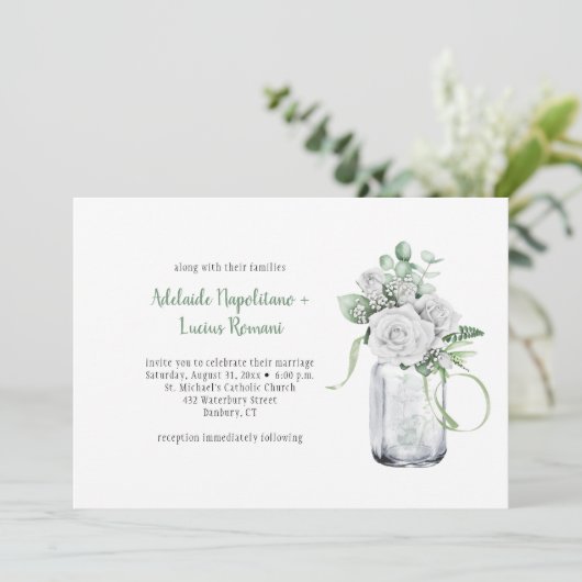 Witte Rozen Eucalyptus Mason Jar Wedding Kaart (Staand voorkant)
