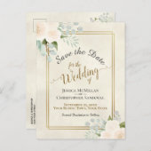 Witte Rozen & Eucalyptus Trouw Save the Date Aankondigingskaart (Voorkant / Achterkant)