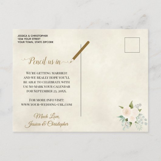 Witte Rozen & Eucalyptus Trouw Save the Date Aankondigingskaart (Achterkant)