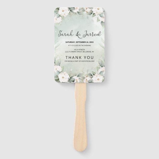 witte rozen eucalyptus verlaat bruiloft handwaaier (Voorkant)