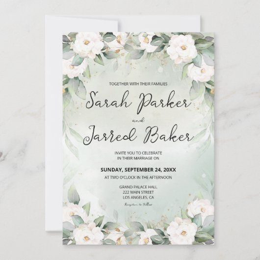 witte rozen eucalyptus verlaat bruiloft kaart (Voorkant)