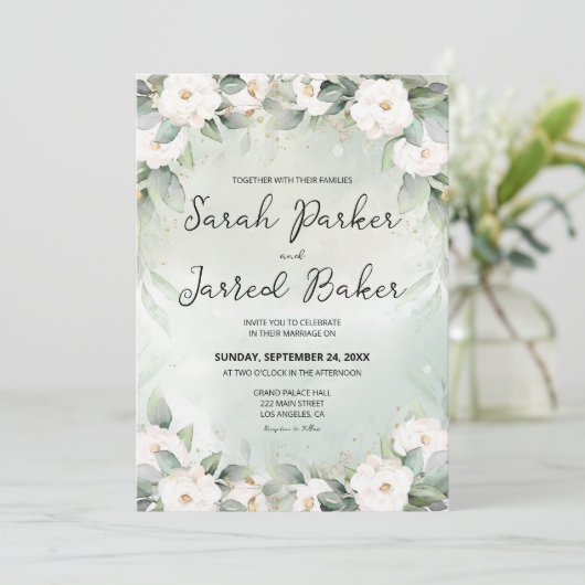 witte rozen eucalyptus verlaat bruiloft kaart (Staand voorkant)