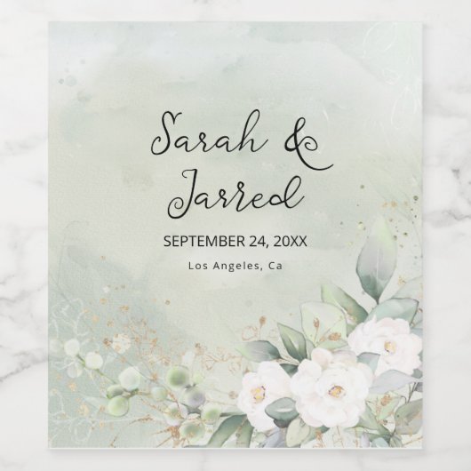 witte rozen eucalyptus verlaat bruiloft wijn etiket (Enkel label)