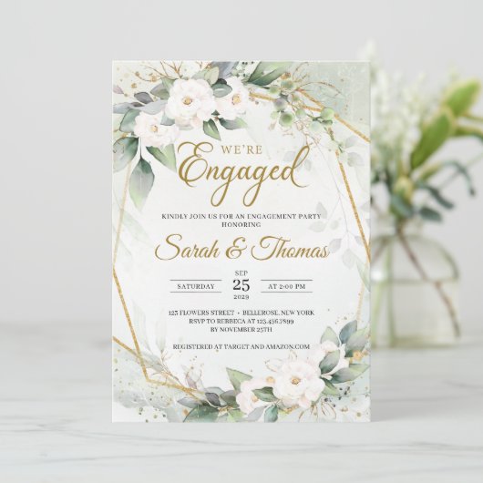 Witte rozen eucalyptusgoud lijst Verloving Kaart (Staand voorkant)