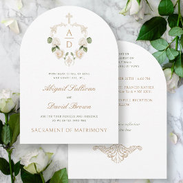 Witte Rozen Frame Monogrammen Katholieke Bruiloft Kaart
