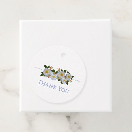 Witte rozen gepersonaliseerd bedankjes labels (In situ)