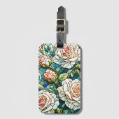 Witte rozen glas-in-lood mozaïek bagagelabel (Voorkant (verticaal))