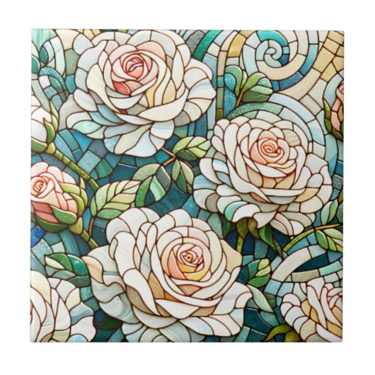 Witte rozen glas-in-lood mozaïek tegeltje (Voorkant)
