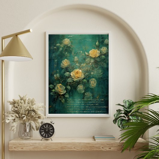 Witte Rozen Goud Antiek Vintage Romantisch Groen Poster