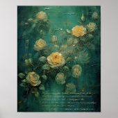 Witte Rozen Goud Antiek Vintage Romantisch Groen Poster (Voorkant)