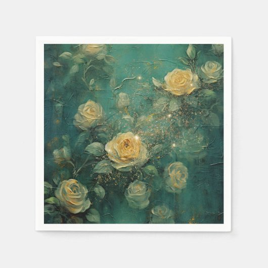 Witte Rozen Goud Antiek Vintage Romantisch Groen Servet (Voorkant)