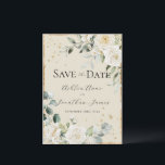 Witte rozen Goud Crème Elegant Modern Huwelijk Save The Date<br><div class="desc">Prachtige elegante witte rozen & kleine madeliefjes omringd door een robuuste gouden lijst & gemengd groen van eucalyptus met andere waterverftechniek bladeren huwelijksuitnodiging. Crème beige achtergrond.  Verbluffend.  Nep goud spetters op voor- en achterkant om een chic uiterlijk te creëren.</div>