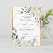 Witte Rozen Goud Elegante Moderne Bruiloft Kaart (Staand voorkant)