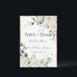 Witte Rozen Goud Elegante Moderne Bruiloft Save The Date<br><div class="desc">Prachtige elegante witte rozen & kleine madeliefjes omgeven met een rustiek gouden lijst & gemengd groen van eucalyptus met andere waterverf bladeren bruiloft uitnodiging. Schone witte achtergrond draagt bij aan de elegantie van dit mooie ontwerp. Verbluffend. Faux gold spatten op voor & terug naar creëer een chique look.</div>